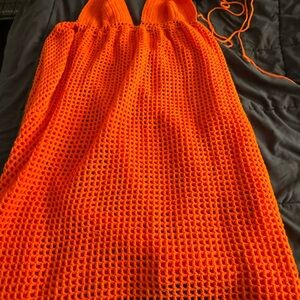 Vibrant Orange Crochet Halter Dress